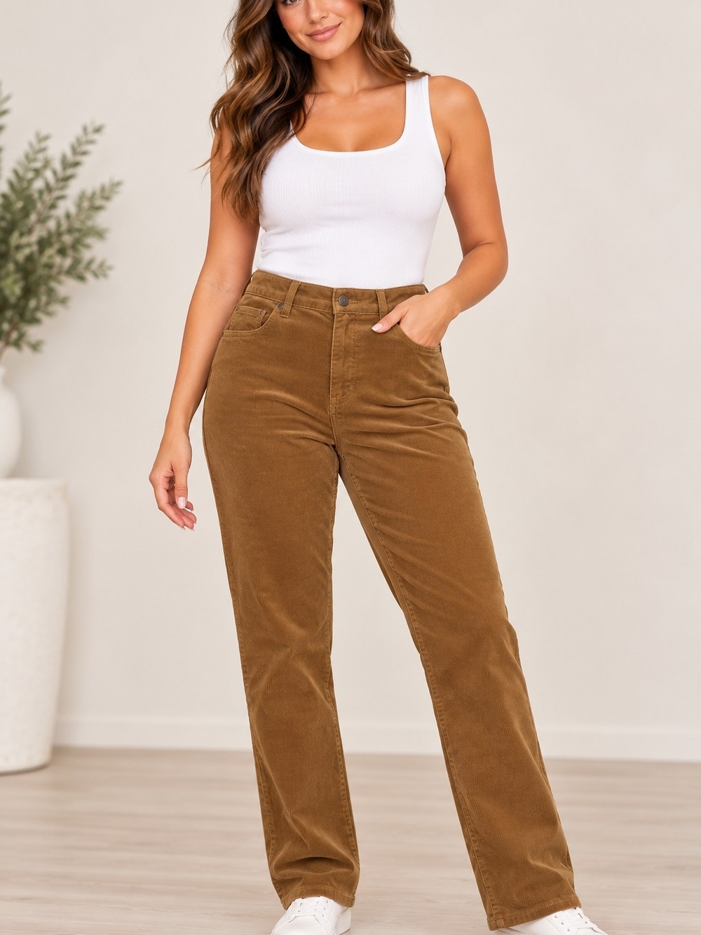 Talbots Straight-Leg Corduroy Pants in Caramel Brown